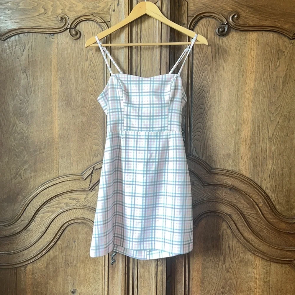 French Connection Yaki Whisper Gingham Sweetheart Tie Back Detail Mini Dress - Picture 4 of 12